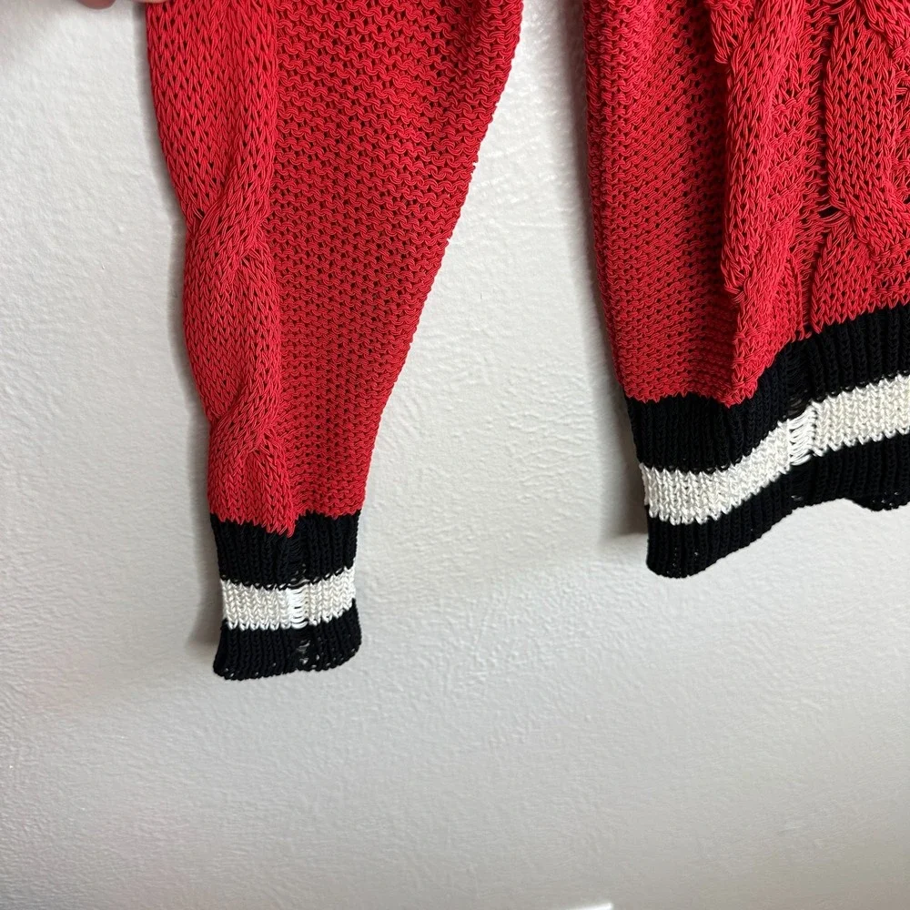 Rag & Bone Red Open Knit Cable Varsity V-Neck Sweater Mens Medium Striped Trim‎